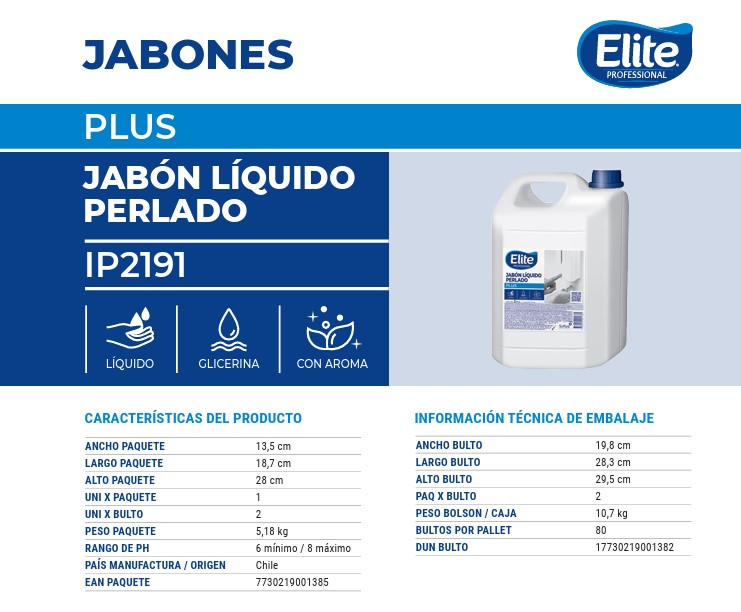 Jabón líquido perlado Elite ip 2191 perlado - bidón de 5 L