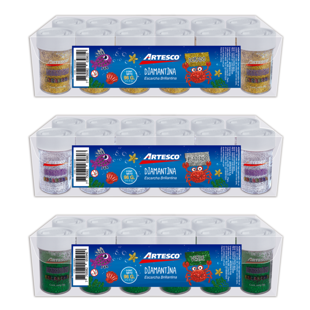 Diamantina en polvo metálicoArtesco 8 g x 12 unidades