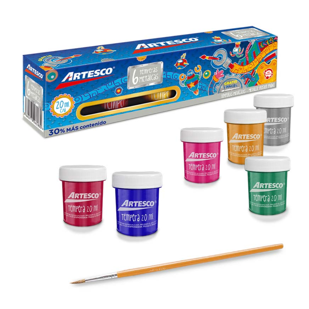 Artesco Tempera metálica set x 6 colores 20 ml + pincel