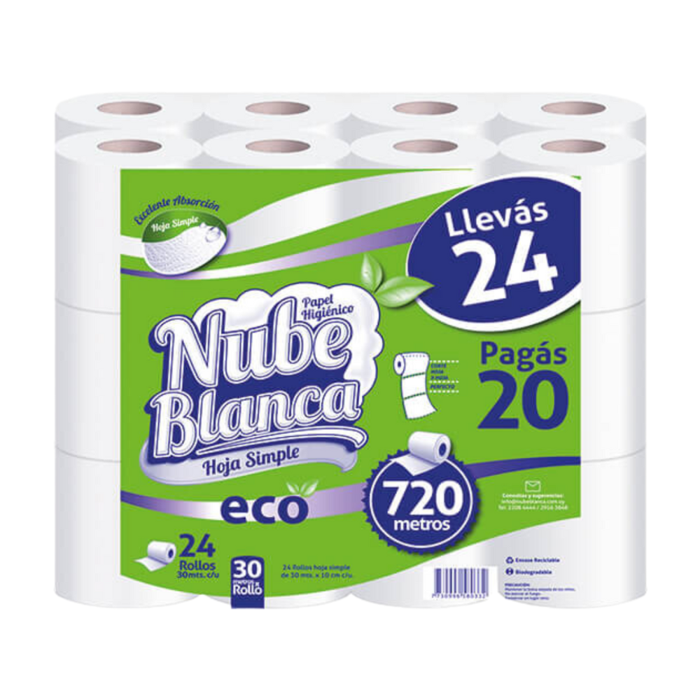 Papel higiénico Nube blanca paquete de 24 rollos 30 mts.