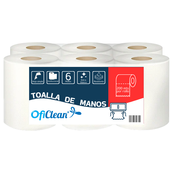 Toallas de mano institucional Oficlean extra blanca. Funda x6 rollos de 200 mts.