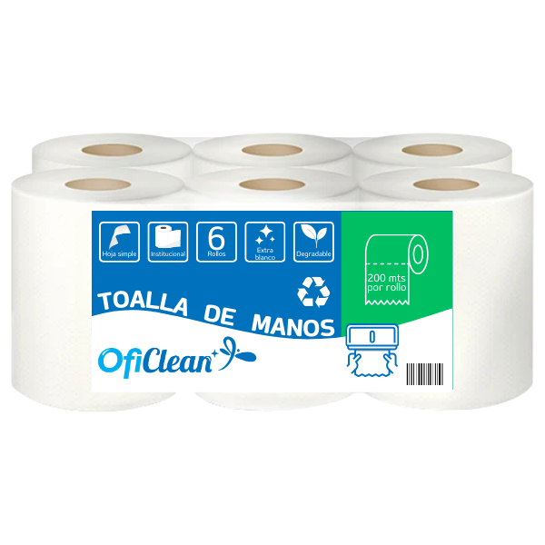 Toalla de mano institucional Oficlean ecológica color blanca. Funda x 6 rollos de 200 m