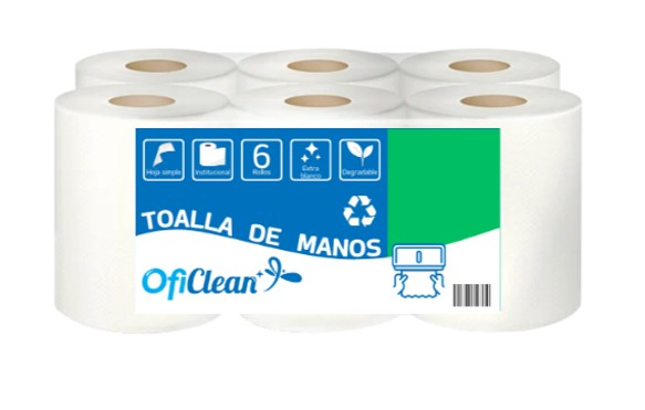Toalla de mano institucional Oficlean ecológica color blanca. Funda x 6 rollos.