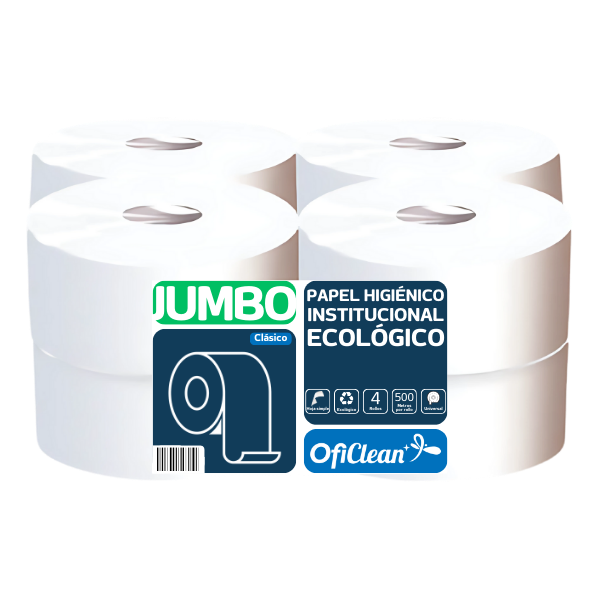 Papel higiénico Oficlean ecológico blanco jumbo. Paquete x 8 rollos de 500 mts.