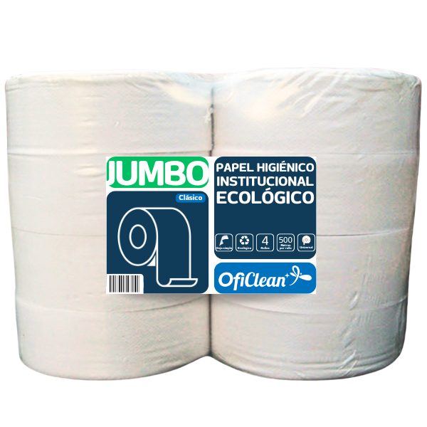 Papel higiénico Oficlean ecológico blanco jumbo. Paquete x 8 rollos de 500 mts.