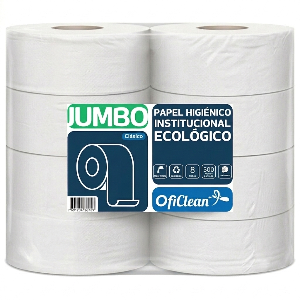Papel higiénico oficlean ecológico blanco jumbo. Paquete x 8 rollos de 500 m