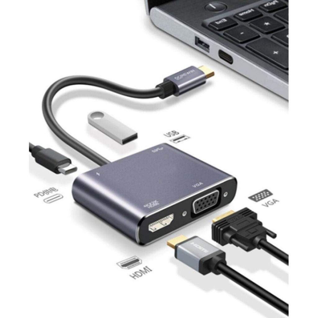 Hub Cable Multiplicador de puertos 4 en 1 de Tipo C a USB/Tipo C/VGA/HDMI