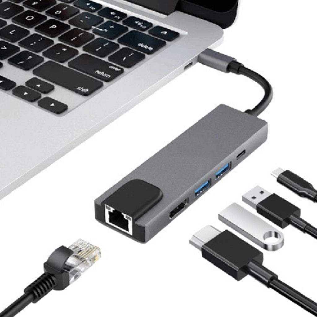 Hub cable multiplicador de puertos 5 en 1 de Tipo C a USB*2/Tipo C/HDMI/Ethernet