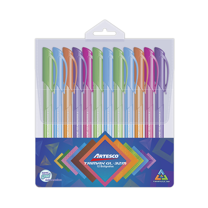 Boligrafos Gel Artesco Trimax Estuche x 12 surtidos
