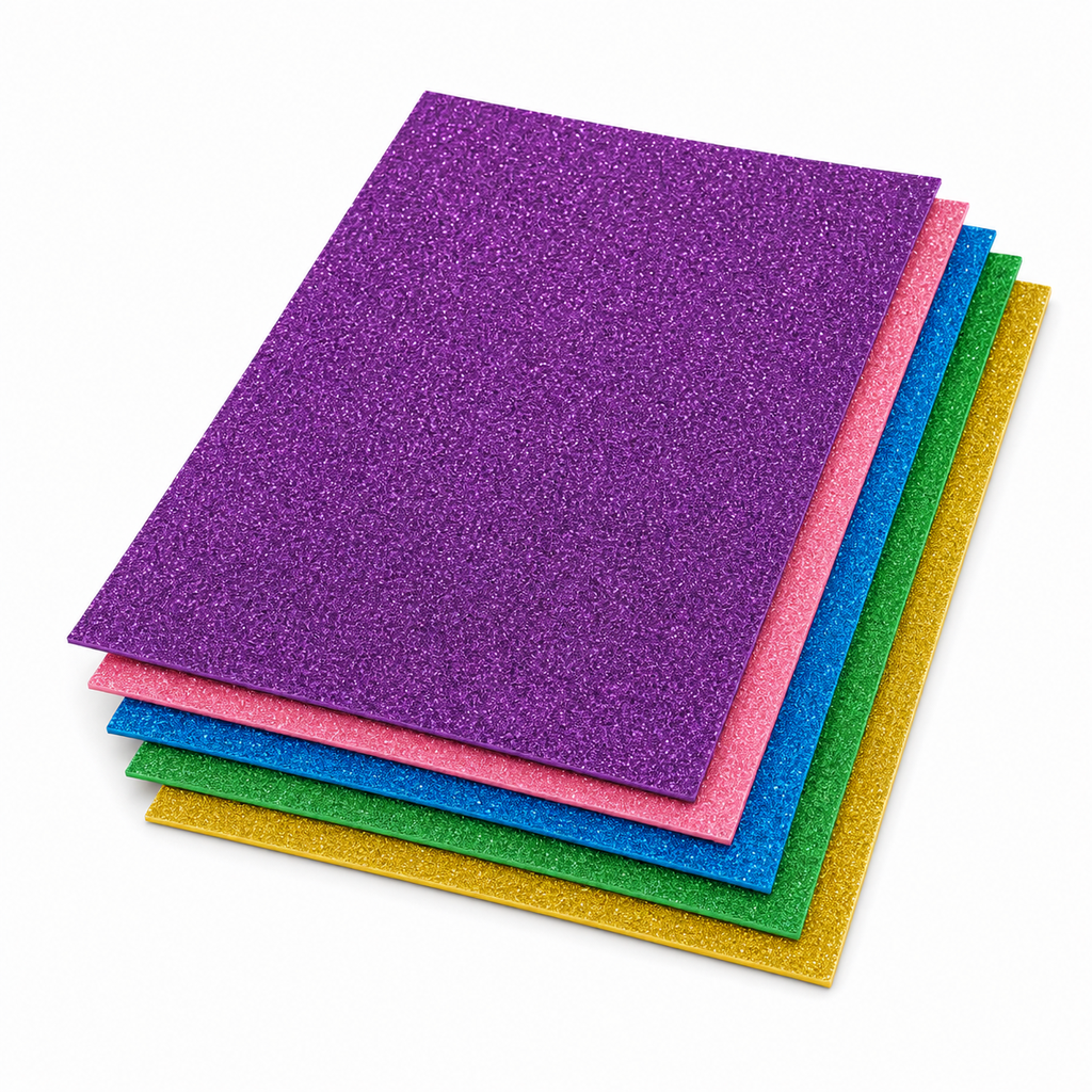 Goma Eva brillantina A4 Paquete X 5 Colores Surtidos