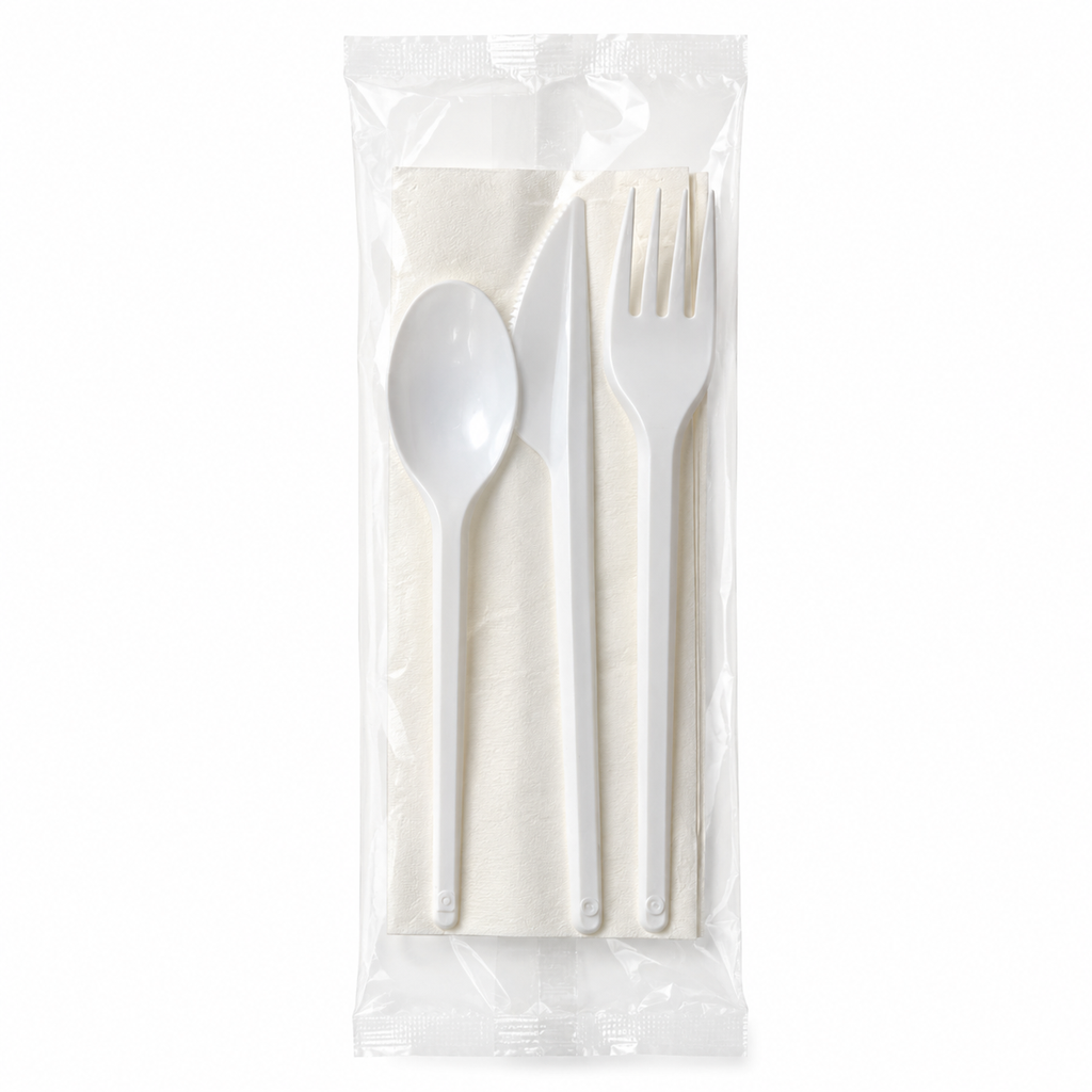 Set de cubiertos, servilleta + tenedor y cuchillo caja x 500