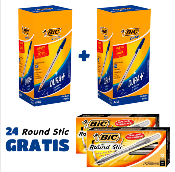 Pack Bic 2 cajas cristal azul x 50 + 2 cajas Round Stick x12 negro.