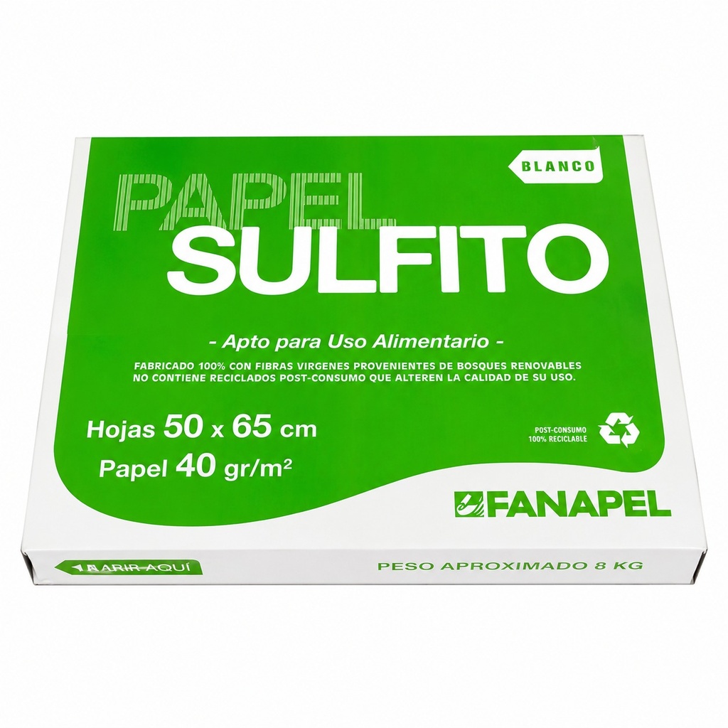 Papel sulfito en caja 8 Kg. = 600 Hj. 65 x 50 cm 40 g/m2 alimenticio
