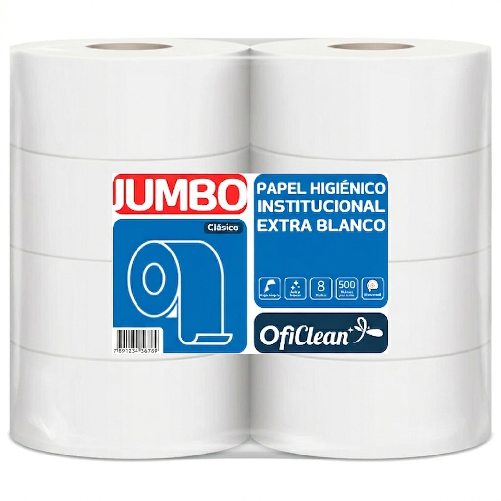 Papel higiénico celulosa jumbo Extra Blanco Oficlean 500 Mt Funda x 8 rollos