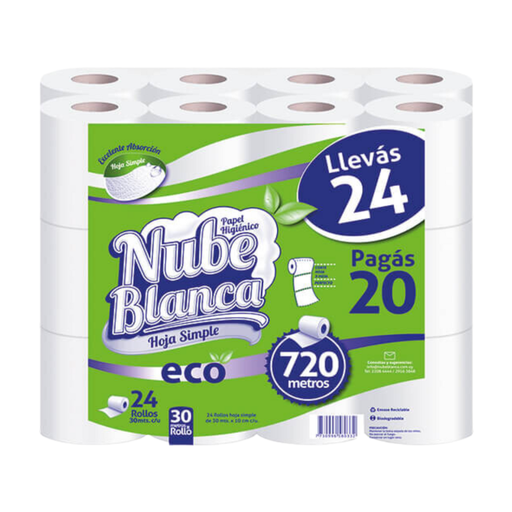 [W0996] Papel higiénico Nube blanca paquete de 24 rollos 30 m