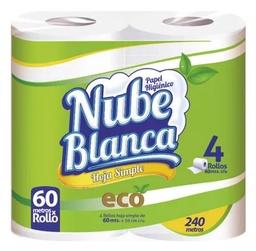 [W100102] Papel higiénico Nube Blanca Paquete de x4 rollos de 60 mt