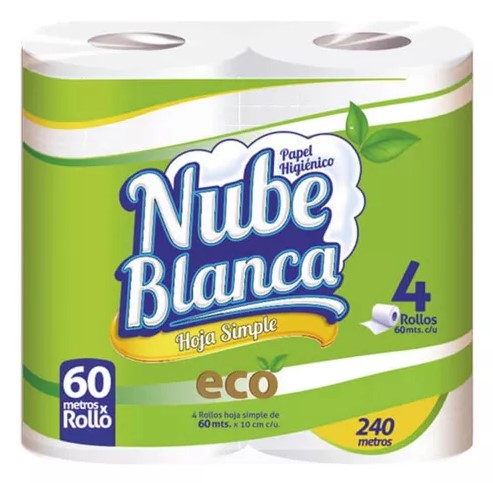 [W100102] Papel higiénico Nube Blanca paquete x 4 rollos de 60 m