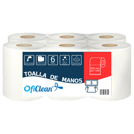 [W5131] Toallas de mano institucional Oficlean extra blanca. Funda x 6 rollos de 200 m