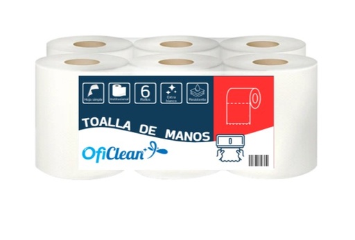 [W5131] Toallas de mano institucional Oficlean extra blanca. Funda x 6 rollos