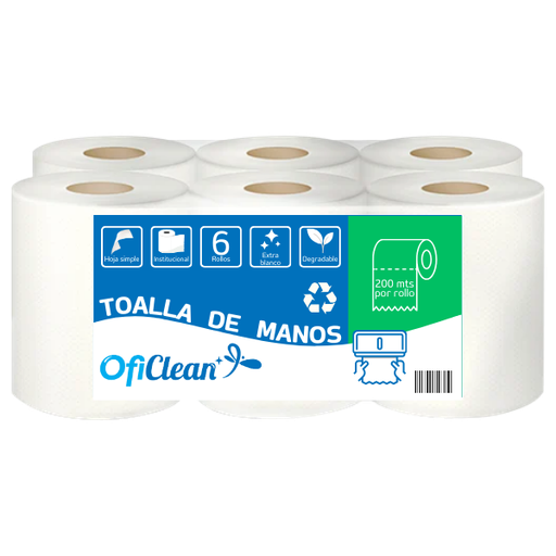 [W100315] Toalla de mano institucional Oficlean ecológica color blanca. Funda x 6 rollos de 200 m