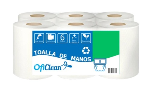 [W100315] Toalla de mano institucional Oficlean ecológica color blanca. Funda x 6 rollos.