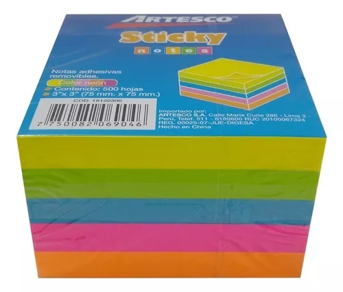 [NA5-16120300] Notas adhesivas Artesco 7,5 x 7,5 cm cubo 500 hojas neón