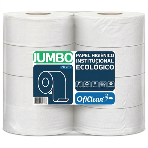 [W5112] Papel higiénico oficlean ecológico blanco jumbo. Paquete x 8 rollos de 500 m