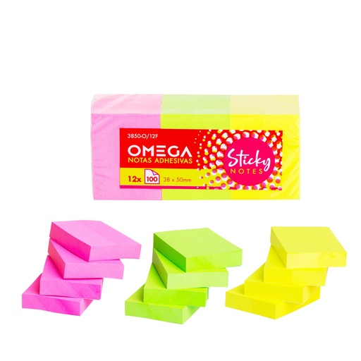 [3850-O/12F] Notas adhesivas Omega pack 12 blocks 3,8 cm x 5 cm - 100 hojas fluorescentes