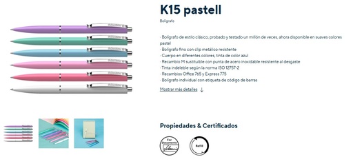 [W1175] Schneider boligrafos retractiles K15 Pastell (caja x 50) tinta azul.