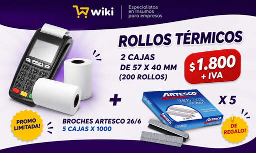 [W0887] PROMO WEB 1 - 200 rollos pos 57x40 + 5 cajas x 1000 broches artesco 26/6 DE REGALO!